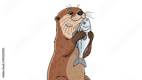 A happy cartoon otter proudly holds its freshly caught fish.
