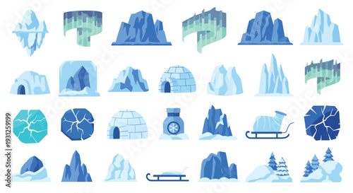 Vast Arctic Landscape Collection Featuring Icebergs Igloos Sleds and Aurora Borealis Elements for Winter Themed Designs