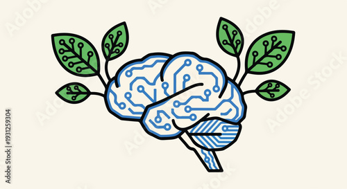 Artificial Intelligence Brain with Circuit Patterns and Green Leaves Representing Sustainable Technology and Innovation