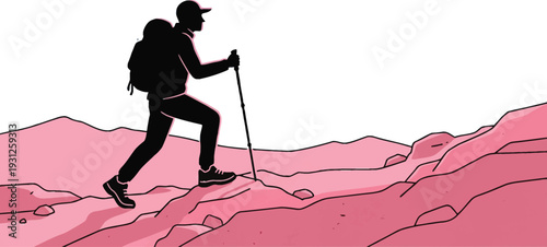 Silhouette of a lone hiker climbing a pink mountain under a bright glowing sun in a blue sky. Vector