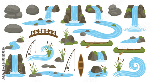 Serene Natural Landscape Featuring Cascading Waterfalls Rivers Rocks and Canoeing Activities in a Lush Green Environment