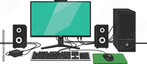 Desktop computer workstation illustration featuring monitor, speakers, keyboard, mouse on green pad, tower case, and messy cables on white background.