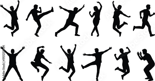Silhouettes of energetic people jumping and dancing in various dynamic poses on a white background Vector