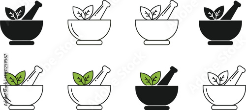 Mortar and pestle icon set featuring black, white, and green leaf designs, perfect for pharmacy, herbal medicine, and apothecary branding.