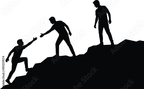 Silhouette of a man reaching out to help his teammate climb a steep rocky mountain peak Vector