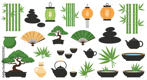 Serene Japanese Zen Garden Elements Collection Featuring Bamboo Plants Bonsai Trees Lanterns and Tea Sets for Tranquil Ambiance