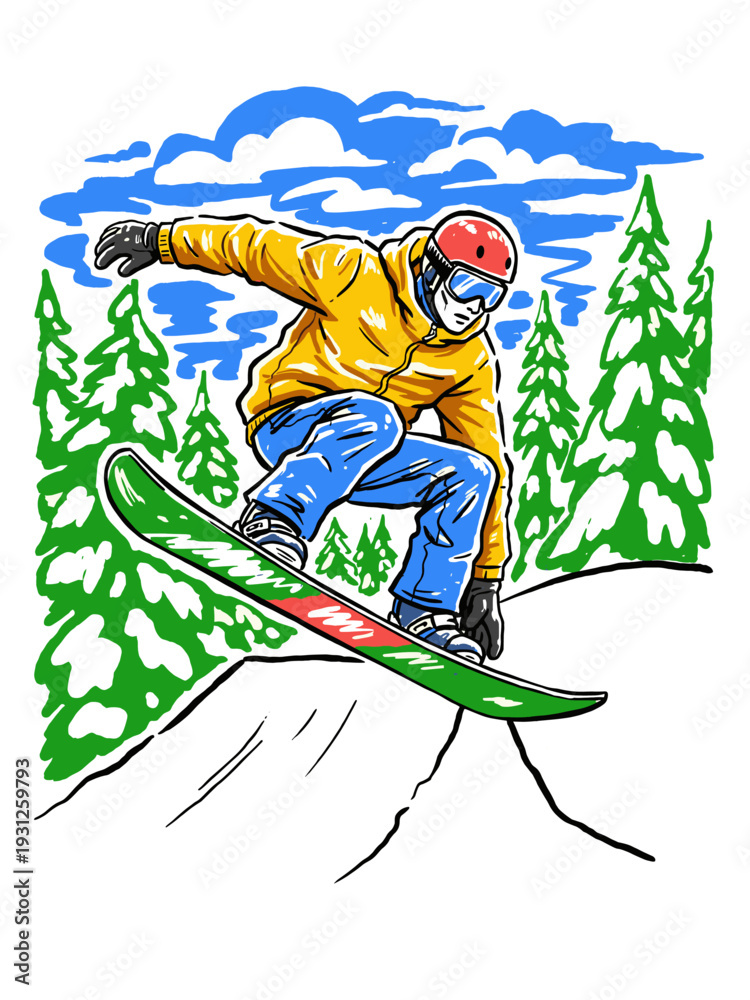 Naklejka premium Dynamic snowboarder vector illustration. Winter mountain sport jump graphic. Extreme adventure lifestyle artwork. Snowboarding action design.