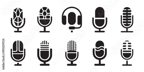 Retro microphone icons set for podcasting and studio recording equipment isolated on white vector