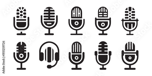 Vintage mic icons collection for broadcasting and musical equipment design isolated on white background