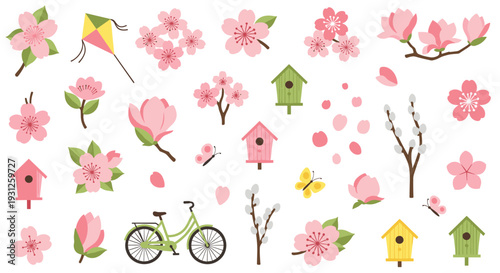 Springtime elements collection with cherry blossoms, birdhouses, a bicycle, and butterflies for a joyful seasonal theme