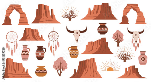 Desert landscape elements featuring sandstone formations native american pottery and dreamcatchers