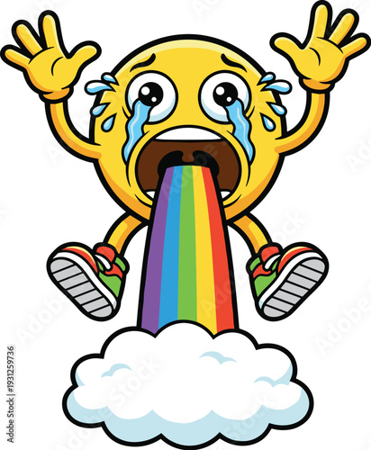 Whimsical cartoon emoji character vomiting rainbow into cloud, expressive tears, joyful sneakers, surreal humorous illustration of exaggerated emotions.