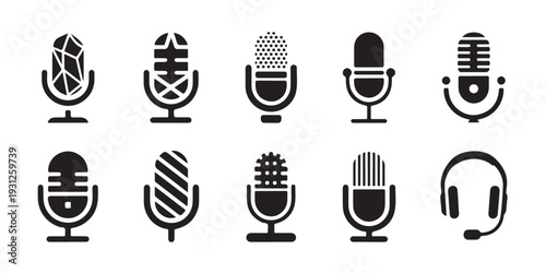 Diverse microphone silhouettes for podcasting and digital audio recording software interface graphics
