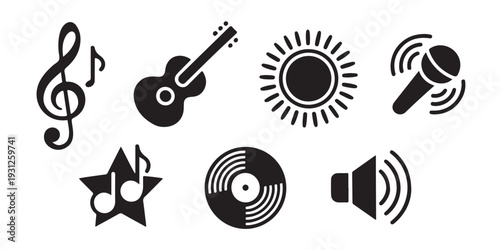 Music production icons including guitar vinyl record and microphone for creative studio logo concept