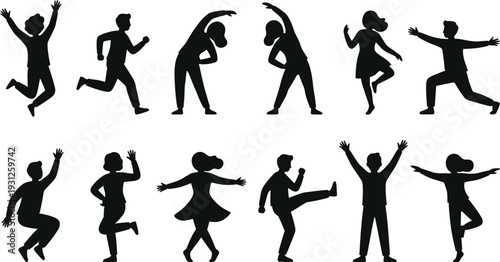 Black silhouettes of diverse people in active motion including jumping and dancing Vector