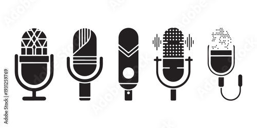 Modern microphone icons with sound waves and digital patterns on white background vector