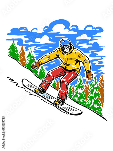 Dynamic snowboarder vector illustration. Winter sport adventure graphic. Mountain snow fun, pine trees, blue sky.