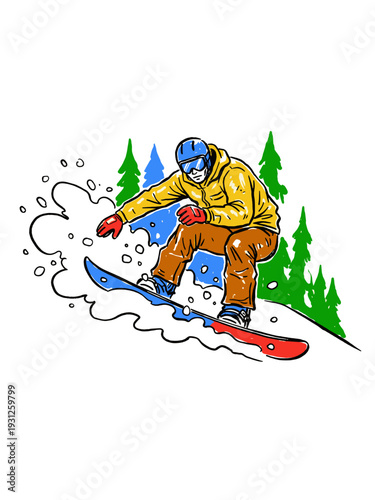 Dynamic snowboarder illustration on snowy slope. Winter extreme sport graphic. Active leisure mountain recreation concept.