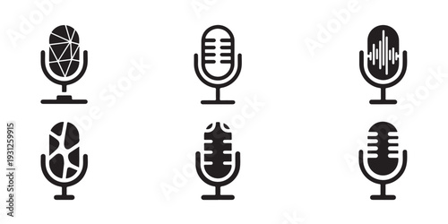 Set of six unique microphone icons with varied designs perfect for audio and podcast themes