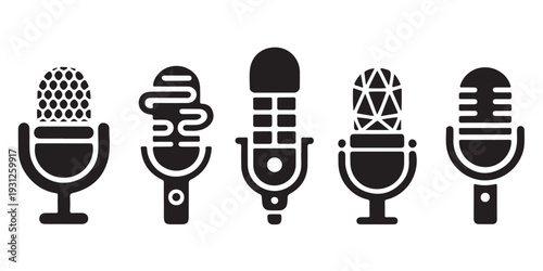 Set of five microphone icons representing different styles used for podcasting or recording audio