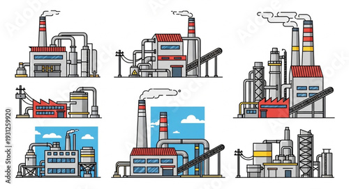Industrial Factory Buildings with Smokestacks.
