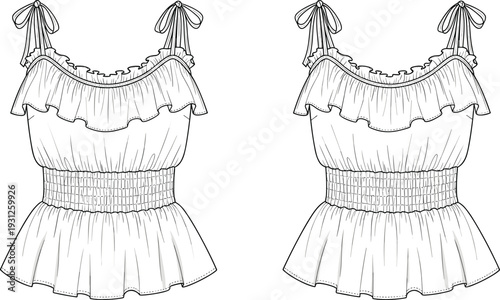 Women Smocked Waist Ruffle Top Technical Flat Sketch, Fashion Vector Template, Sleeveless Blouse With Shoulder Ties Illustration, Apparel Design CAD