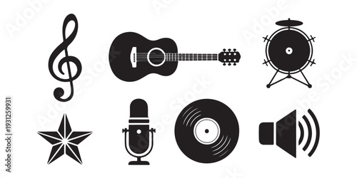 Diverse set of music icons including a treble clef guitar drum star microphone vinyl and speaker