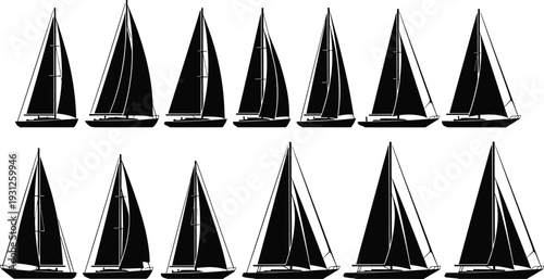 Silhouette collection of twelve different sailboat designs with varied sails and rigging, nautical themed illustration set perfect for marine, sailing, and ocean graphics