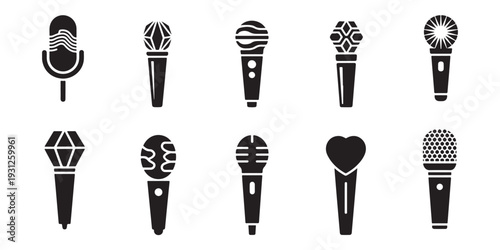 Collection of diverse microphone icons for music recording and broadcasting on white background