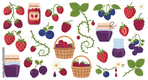 Assortment of Fresh Berries and Jams in Jars and Baskets with Green Leaves and Thorny Vines
