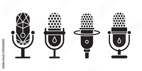 Microphone vector icon set for podcast, studio, broadcast, radio show, voice recording, live stream