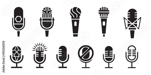 Microphone vector icons for podcast, studio, broadcast, radio show, voice recording, live stream