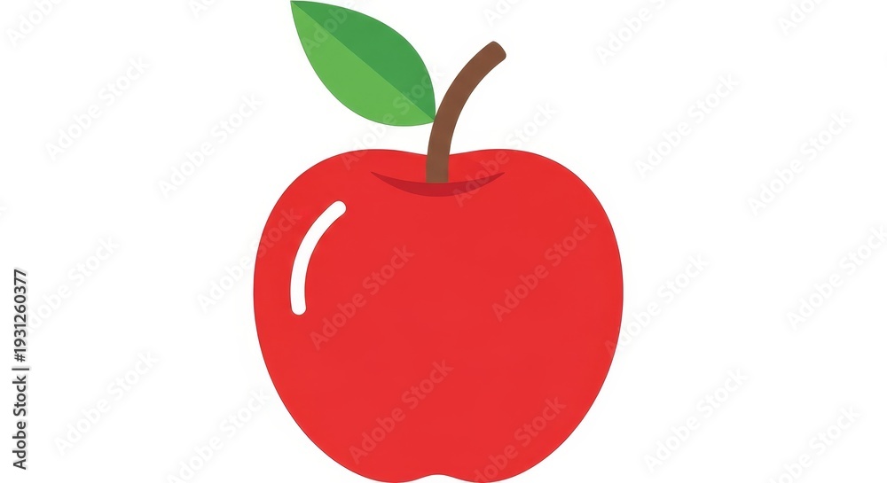 Fototapeta premium A stylized red apple with a green leaf and brown stem is presented as a vibrant graphic icon on a white surface.
