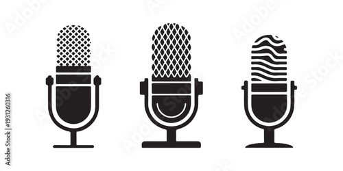 Three stylized microphones with different patterned tops on white background vector icons