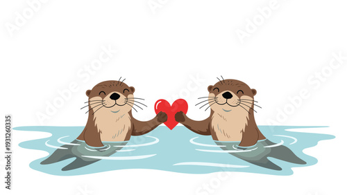 Pair of cute brown otters swimming in blue water and holding a bright red heart symbol together as a gesture of love and friendship.