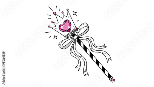 Sparkly magic wand with a crown top and a pink heart gem decorated with ribbons and stars in a cute hand drawn illustration.