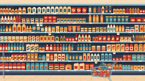 Large grocery store aisle filled with diverse colorful products on many shelves with a shopping cart in a flat pixel art style.