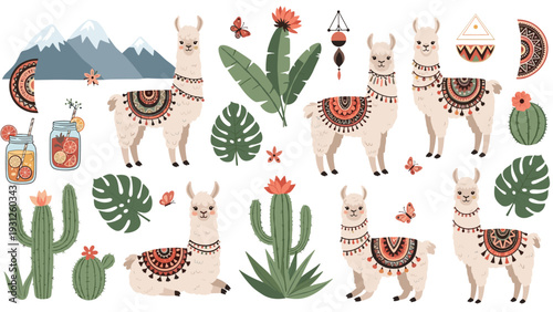 Extensive set of adorable llamas, cacti, mountains, and tropical leaves in a charming South American inspired illustration collection.