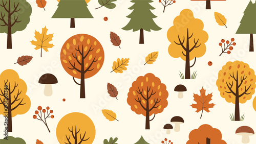 Charming seamless autumn pattern featuring various types of trees with orange and yellow leaves, small mushrooms, and fall berries.