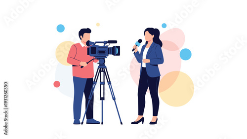 Professional television news reporter holding a microphone while an operator films her with a camera on a tripod in a studio.