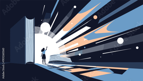Surreal scene of a woman standing before a giant open book with bright light rays and abstract shapes bursting from its pages.