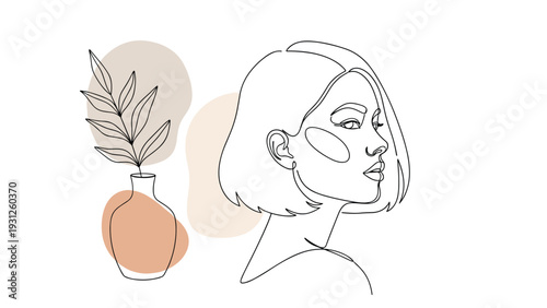 Modern minimalist line art profile of a woman next to a stylized plant in a vase with soft abstract pastel shapes in background.