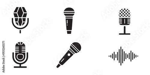 Microphone collection for recording and broadcasting studio with different vintage and modern styles