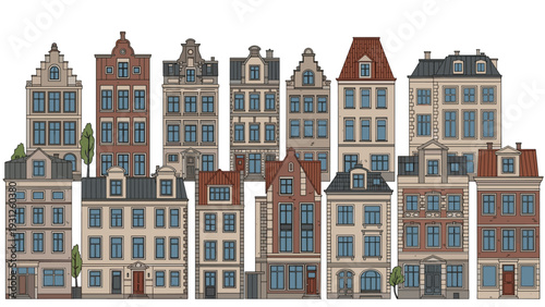 Detailed row of colorful traditional European city houses with ornate roofs and many windows in a classic architectural drawing style.