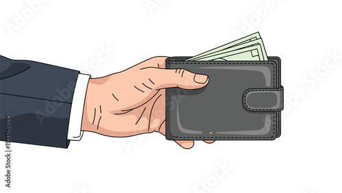 Businessman holding a black leather wallet full of cash banknotes symbolizes financial success and money management.