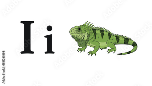 Educational alphabet illustration showing the uppercase and lowercase letter I next to a detailed green iguana on a white background.