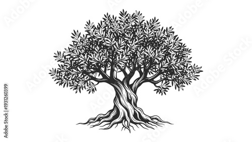 Detailed black and white engraving style illustration of an old olive tree with a thick trunk and many leaves.