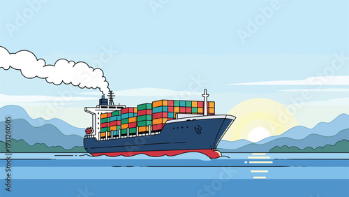 Large cargo container ship sailing on calm blue ocean waters at sunrise with distant mountains and a soft yellow sun.