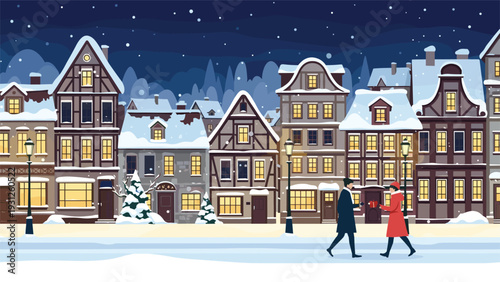 Charming European town street covered in snow at night with illuminated windows and a couple exchanging a red heart gift.