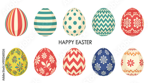 Set of ten decorative Easter eggs featuring various colorful patterns like stripes, polka dots, chevrons, and floral designs on a white background.